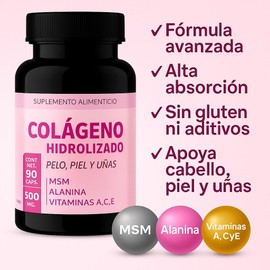 LENICO Colágeno Hidrolizado 500 mg con MSM, Alanina y Vitaminas A, C y E | Suplemento para Piel, Cabello y Uñas | 90 Cápsulas | Alta Absorción | Sin Gluten ni Aditivos