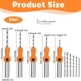 Countersink Drill Bit - 5 Countersink Drill Bit Sets with 5 Different Sizes + 5 Replaceable HSS Bits + 5 Wrenches for Precision Woodworking, Hole Diameter: 10mm for Woodworking Countersink Drill Bits
