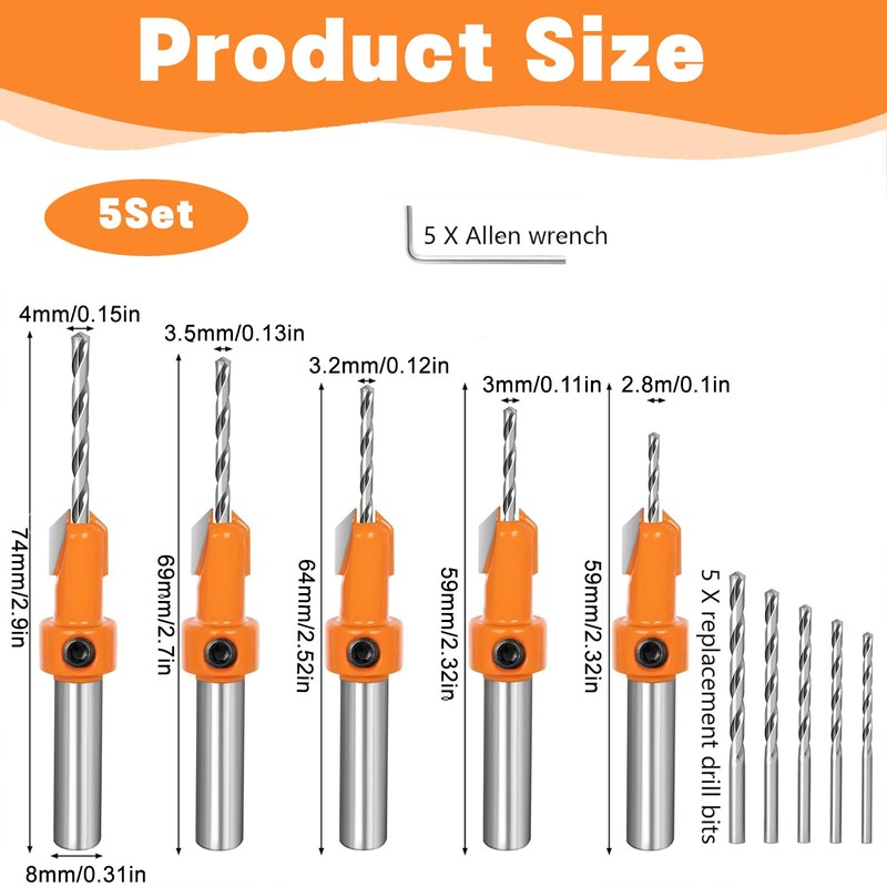 Countersink Drill Bit - 5 Countersink Drill Bit Sets with