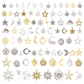 SUPERFINDINGS 2 Bags 2 Colours Sun Moon Star Jewellery Making Charm Pendant in Tibetan Style Smooth Tibetan Silver Metal Charms Pendant for DIY Crafts