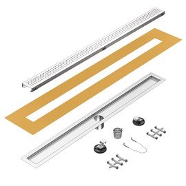 36 inch Linear Shower Drain with Square Hole Pattern Grate Cover, Brushed 304 Stainless Steel Bonding Flange Linear Drain, Low Profile Linear Shower Drain with Hair Strainer