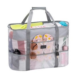 Yukiyumi Beach Bag, Pool Bag, Lightweight, 16.9 gal (55 L), Large Capacity, Waterproof, Sandproof, Foldable, Storage Capacity, Tote Bag, Mesh Bag, For Beach/Hot Spa/Sauna/Shopping/Swimming/Gym/Spa/Travel (White)
