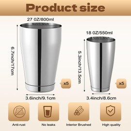 Xvvirnt 10 Pcs Cocktail Shakers, Professional Bar Shaker Boston Set, Boston Cocktail Shaker Set, Stainless Steel Martini Shakers Drink Mixer for Bartending, 18 oz & 27 oz (Silver)