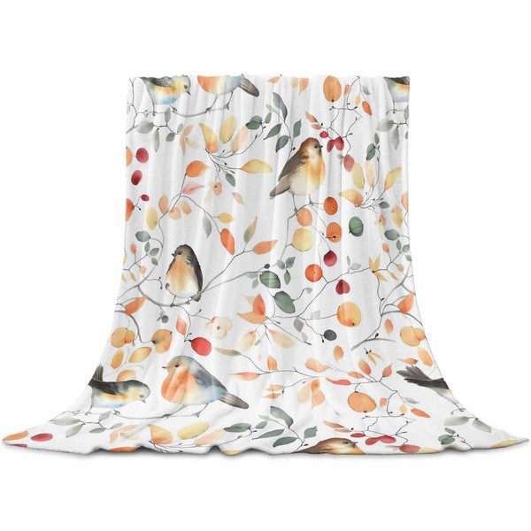 Fall Throw Blanket, Thanksgiving Branch Bird Microfiber Soft Fleece Blanket