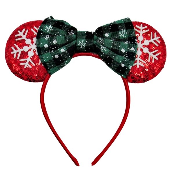 Needzo Red Sequins Mouse Ears Headband with Snowflakes and a Green Plaid Bow, 2024 Christmas Headbands for Women, Christmas Accessories to Wear, One Size Fits Most