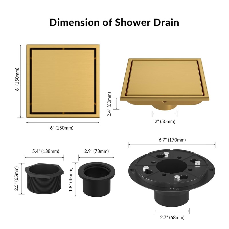 6-Inch Square Shower Drain with Hair Catcher, 2-in-1 Tile Insert