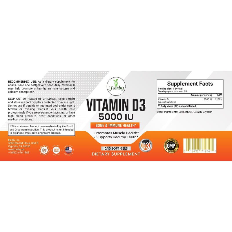 Herby VITMAIN D3 5000 IU, Bone Health and Immunity Support