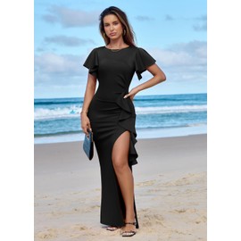 Memoriesea Women's Elegant High Split Ruched Bodycon Mermaid Evening Cocktail Maxi Dress Black