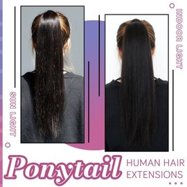 Hetto Remy Hair Ponytail Extensions Black Ponytail Human Hair Extensions Invisible Extensions Ponytail Natural #1B 12Inch 70g