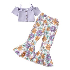 Nicoxijia Infant Toddler Baby Girl 4th of July Outfits Ribbed Bowknot Cold Shoulder Crop Top Floral Flared Pants Clothes Set (Purple, 7 Years)