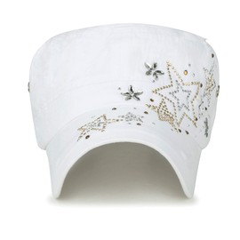 ililily Crystal Gemstone Stud Flower Vintage Cotton Military Army Hat Short Brimmed Cadet Cap, White Star