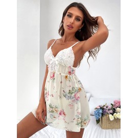 MakeMeChic Women's Floral Print Contrast Lace Bow Knot Cami Nightgown Sleep Dress Apricot X-Large