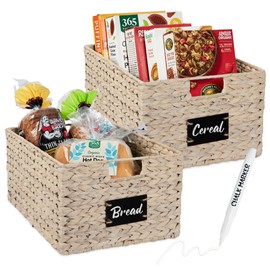 Best Choice Products Pantry Baskets Set of 2 16x12in Water Hyacinth Storage Baskets, Woven Wicker Kitchen Organizers with handles w/Chalkboard Label Chalk Marker - White