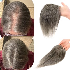 Uaismewow Hair Toppers for Women Real Human Hair Gray Hair Toppers for Women with Thinning 10inch 3 Clips in Hair Pieces for Breathable Silk Base with Babyhair for Summer Hand-crocheted for Hairloss