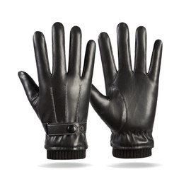 LJCZKA Men's Winter Warm Touchscreen Leather Gloves Adjustable Thermal Driving PU Leather Gloves (White line)