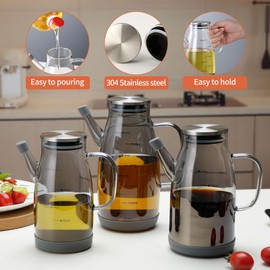 COSETOOR Large Glass Oil Dispenser Bottle for Kitchen Cooking Recipiente Para Aceite De Cocina Olive Oil Vinegar Dispenser Cruet Stainless Steel Lid No Drip Liquid Container (Grey, 34oz /1000ml)