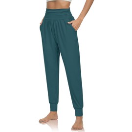 UEU Women's High Waist Casual Yoga Joggers Pants Loose Fitting Sweats Workout Lounge Fitness Exercise Pants with Pockets(Malachite Green, L)