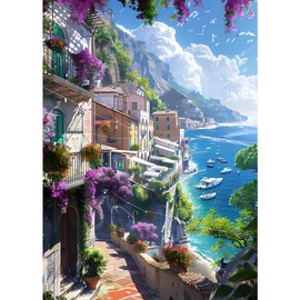 GDYEEH 5D Village by the Sea Diamond Painting Pictures, DIY Flowers Diamond Art Painting Kits, Landscape Diamond Painting Set for Adults Beginners, Diamond Painting Art by Numbers for Home Decor 30 x
