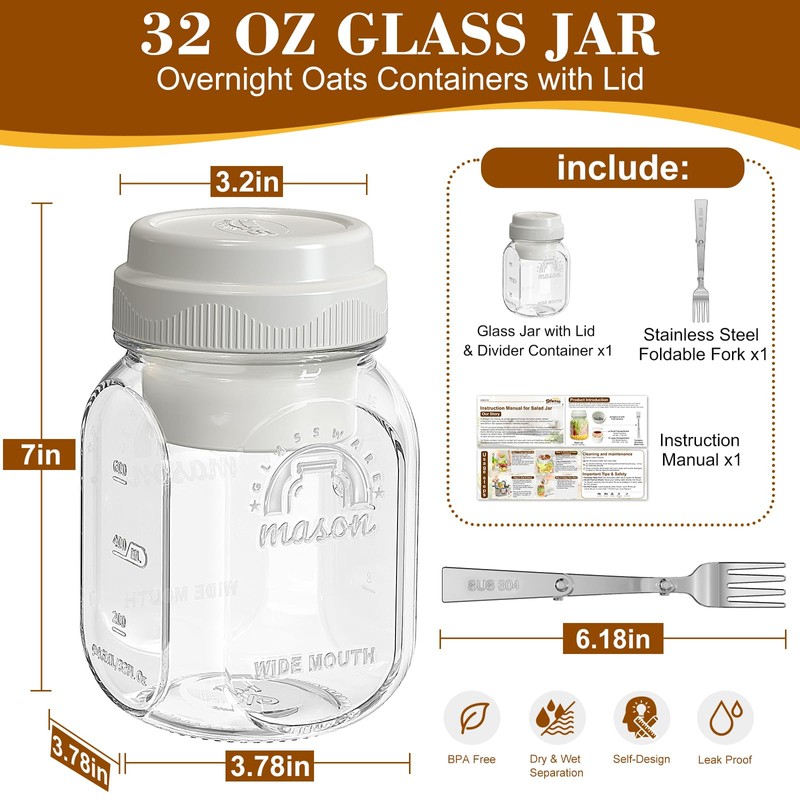 Syntic 32 Oz Glass Overnight Oats Container with Silicone Divider