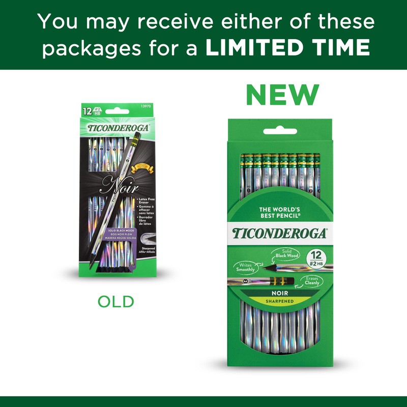 Ticonderoga Noir Black Wood-Cased #2 Pencils, Holographic Design, 12 Count