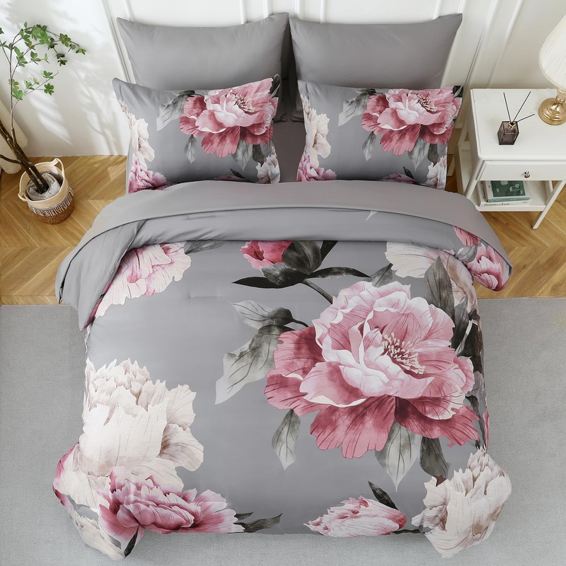 Dobuyly Pink and Grey Comforter Set Queen Size 7 Piece
