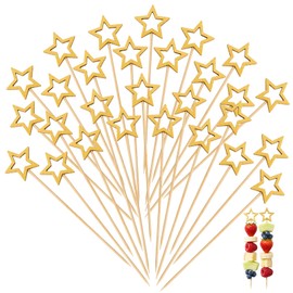 Gold Star Cocktail Picks - 50 PCS Decorative Fancy Toothpicks for Appetizers, 5.2 Inch Long Bamboo Fancy Toothpicks, Wood Food Drinks Fruit Skewer Sticks for Appetizers Christmas Wedding Decorations