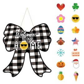 Vicenpal Interchangeable Welcome Sign For Front Door Decor, Black Buffalo Check Bow Wood Wreaths Wall Hanging Outdoor Front Door Decoration Welcome To Our Home Sign