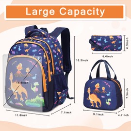 Bevalsa Dinosaur Kids Backpack for Boys Girls, Preschool Elementary Kindergarten Middle School Bag, 3Pcs Boys Backpack Set with Lunch Box Pencil Case, Cute Bookbag for Teens