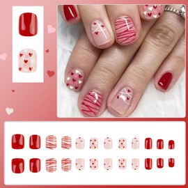 24Pcs Valentines Day Nails Heart Press on Nails Short Square Fake Nails Red White Line Love Heart Full Cover Acrylic Nails Valentines Glue on Nails Cute False Nails Stick on Nails for Wedding Nails