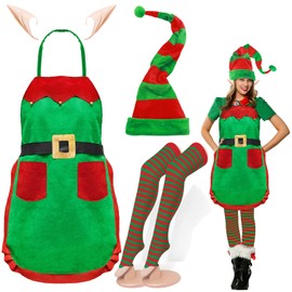 glahorse 6PCS Christmas Elf Costume Set for Women,Include Elf Apron,Long Hat,Stockings, Elf Ear for Christmas Party Role Play (A)