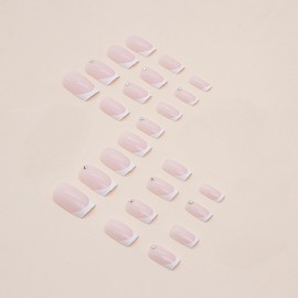 Pink French Press on Nails Medium Aritifical Square Fake Nails Rhinestones Design White Nail Tip Arcylic False Nails Full Cover Reusable Coffin Nails Nature Fit Stick on Nails Glue on Nails for Women