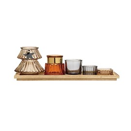 Creative Co-Op Wood Tray with 5 Glass Tealight/Votive Holders, Multi Color, Set of 6