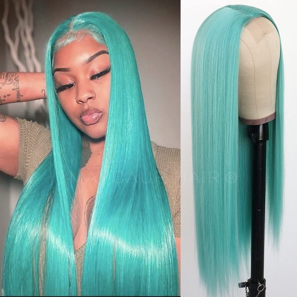 Maycaur Blue Green Color Synthetic Hair Wigs with Natural Hairline Long Straight Women's Wig Heat Resistant Synthetic No Lace Wigs for Fashion Women