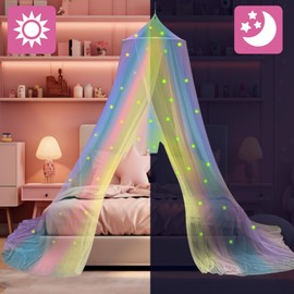 Daksha Rainbow Princess Bed Canopy for Girls with Glowing Stars, Room Decor, Ceiling Tent to Cover Toddler Crib, Fits Twin, Full and Queen Size Beds