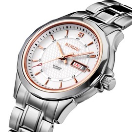 BINLUN Mens Dress Watches Stainless Steel Waterproof Calendar Day Date Luminous Quartz Wristwatch Valentine