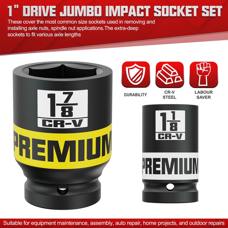 KIRXST 1" Drive Jumbo Impact Socket Set, SAE Axle Nut