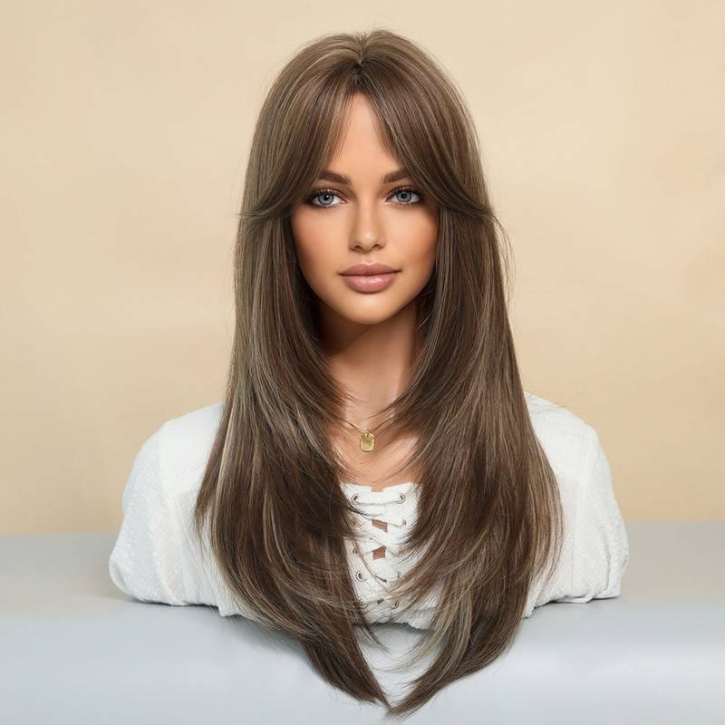 Long Wig Human Hair with Bangs and Wig Cap Glueless