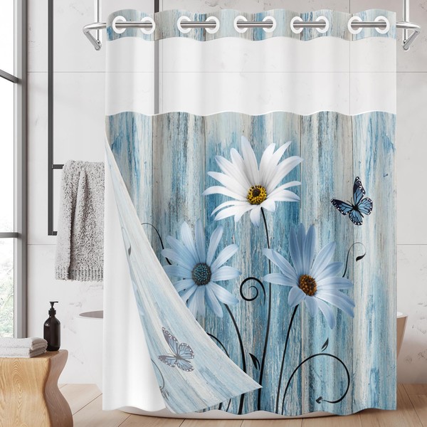Nesphy No Hook Blue Daisy Shower Curtain with Snap in
