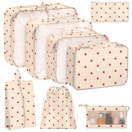 KPX 8 Set Packing Cubes for Travel, Luggage Packing Organizers Accessories Large Toiletries Bag for Clothes Shoes Cosmetics (8Set-Beige Strawberry)