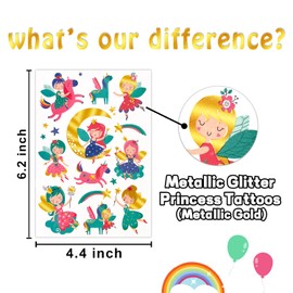 Partywind Glitter Princess Temporary Tattoos for Girls Party Favors, Princess Fairy Birthday Decorations Party Supplies, Tattoo Stickers for Kids Goodie Bag Stuffers Fillers