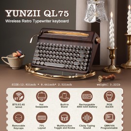 YUNZII QL75 Wireless Typewriter Hot Swap Retro Mechanical Keyboard,Punk Round Keycaps,RGB Backlit QMK/VIA Programmable, Multi-Device Keyboard with 2.4GHz/Type-C/BT5.0 (Wood, Onyx Switch)