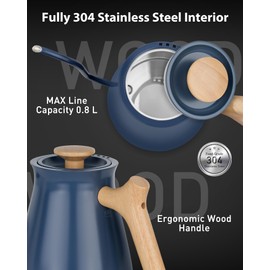 Harriet Gooseneck Electric Kettle - 1200W Fast Heat, 0.8L Stainless Steel, Precision Temp Control & Timer, Wood Handle, Pour Over Coffee and Tea, Blue