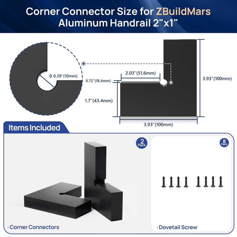 2 Pack Corner Connectors for 2"x1" Aluminum Handrail, 100mm x