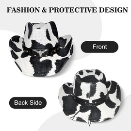 Cow Pattern Straw Cowboy Hat Western with Glasses and Scarves, Hat Size Fits 22.04 to 22.83, Wide Brim, Stylish & Durable Cowboy Hat - Unisex Western Hat for All Occasions