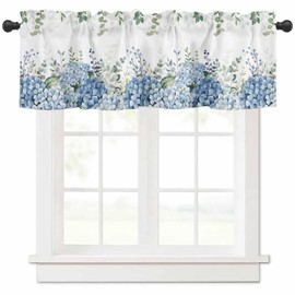 Gypxeni Blue Flowers Valances for Windows 1 Panel, Hydrangea Wildflowers Leaves Farm Valance Kitchen Curtain Rod Pocket Decor Curtains Window Treatment for Living Room, Bedroom 54" x 18"