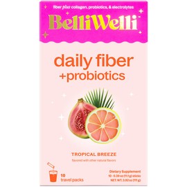 Belli Welli Fiber Supplement, Probiotics Fiber Powder Travel Pack for Women with Collagen & Electrolytes for Daily Gut Health & Debloating, Tropical Breeze, 10 Packets