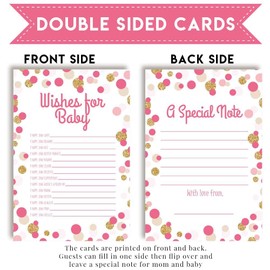 Amanda Creation Polka Dot Pink and Gold Girl Baby Wishes Cards 20, 4"x6" - Great Keepsake and Fun Activity for Baby Showers - Wishes for Baby Keepsakes Last Generations - Fill-In, Double-Sided Cards