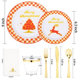 Ciaell 175PCS Christmas Plastic Plates - Red and Gold Plaid Plates include 25Dinner Plates, 25Dessert Plates, 25Knives, 25Forks, 25Spoons, 25cups, 25 Christmas Napkins for Christmas Party