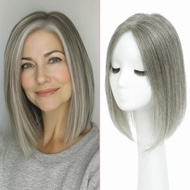 Hair Toppers for Women Human Hair Topper Add More Volume and Cover Hairloss Swiss Base Hairpieces (12inch, Mixed Grey）