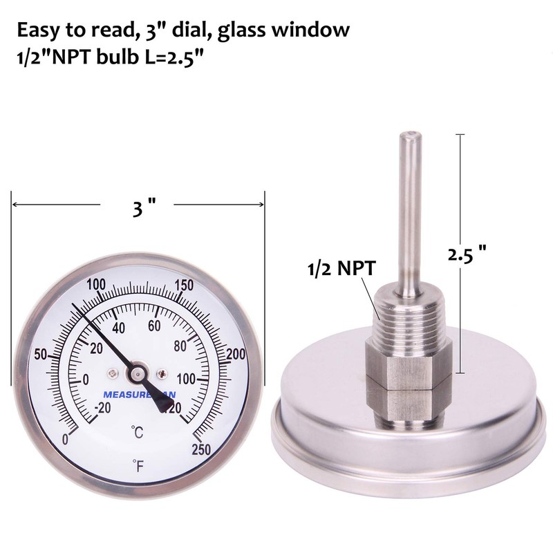 MEASUREMAN Fully Stainless Steel Pot, Kettle, Brewing Bimetal Thermometer, 3"